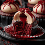 Creepy vampire bite red velvet cupcake cut open to reveal bloody filling with skin-tone frosting and spooky decorations.