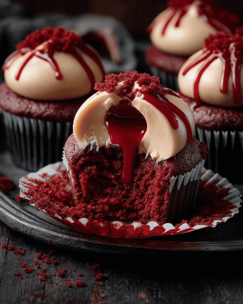 Creepy vampire bite red velvet cupcake cut open to reveal bloody filling with skin-tone frosting and spooky decorations.