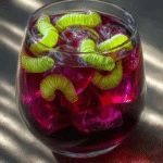 Halloween Witch’s Potion Punch with gummy worms and ice cubes in a clear glass