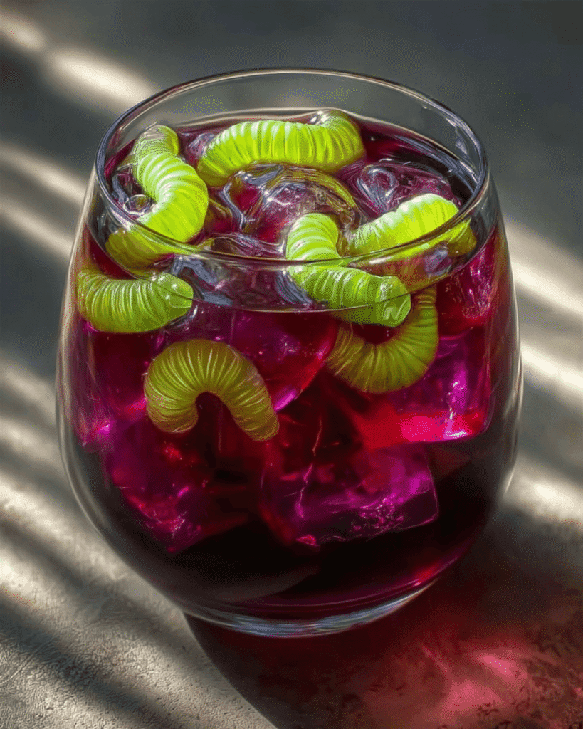 Halloween Witch’s Potion Punch with gummy worms and ice cubes in a clear glass