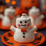 Ghostbusters Stay Puft marshmallow man with red bow tie on festive orange Halloween plate.
