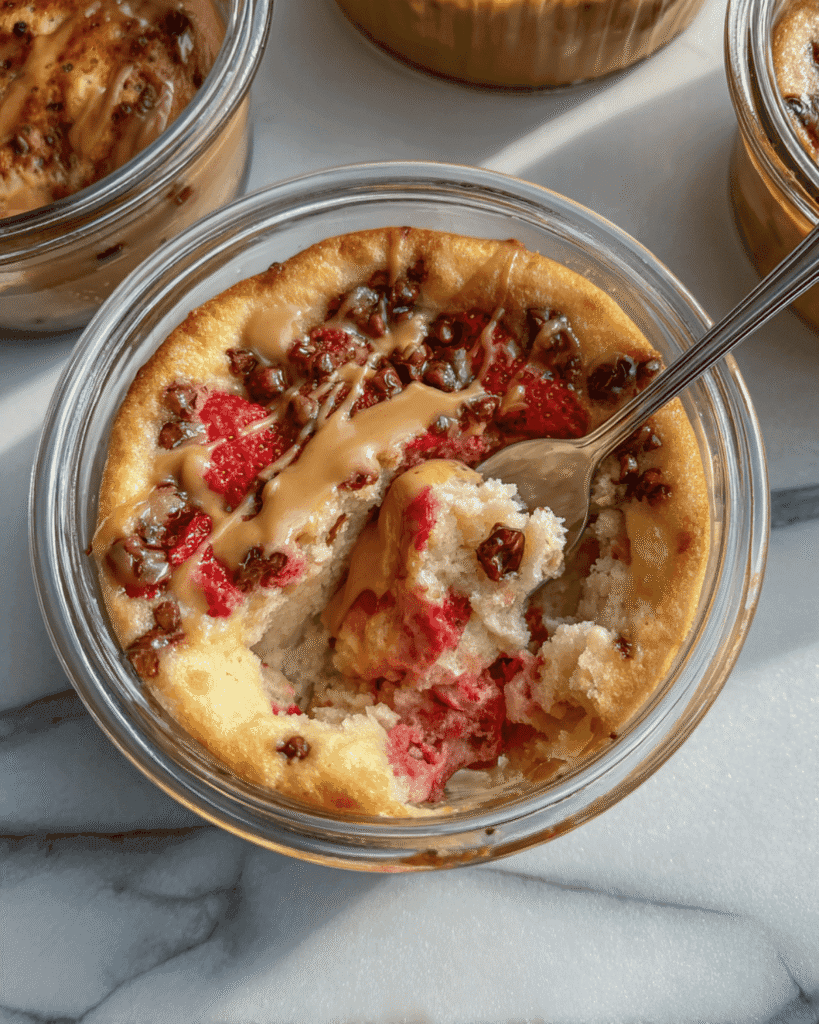 Fluffy baked protein pancake bowl with strawberries and chocolate chips drizzled in nut butter, served in a glass ramekin.