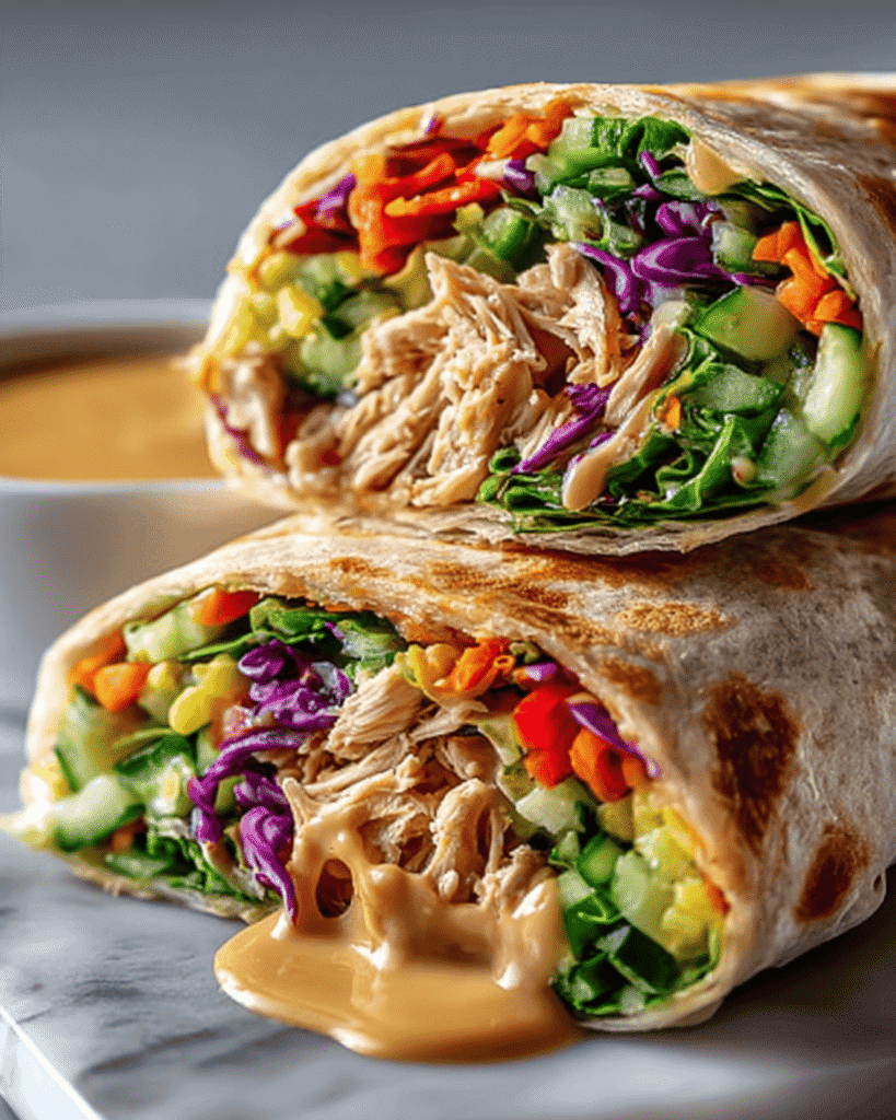 Thai Peanut Chicken Wrap filled with shredded chicken, colorful vegetables, and creamy peanut sauce on marble background
