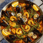 This traditional Spanish paella blends chicken, seafood, and vegetables for a rich, saffron-infused Mediterranean dish.