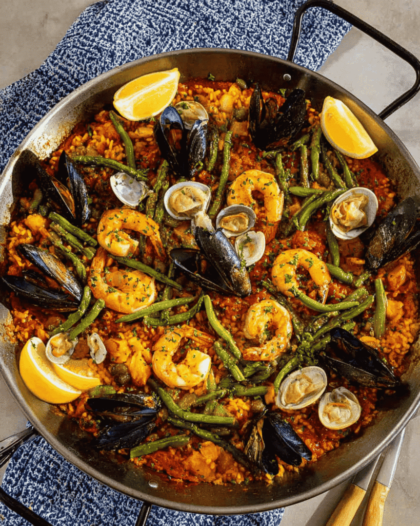 This traditional Spanish paella blends chicken, seafood, and vegetables for a rich, saffron-infused Mediterranean dish.
