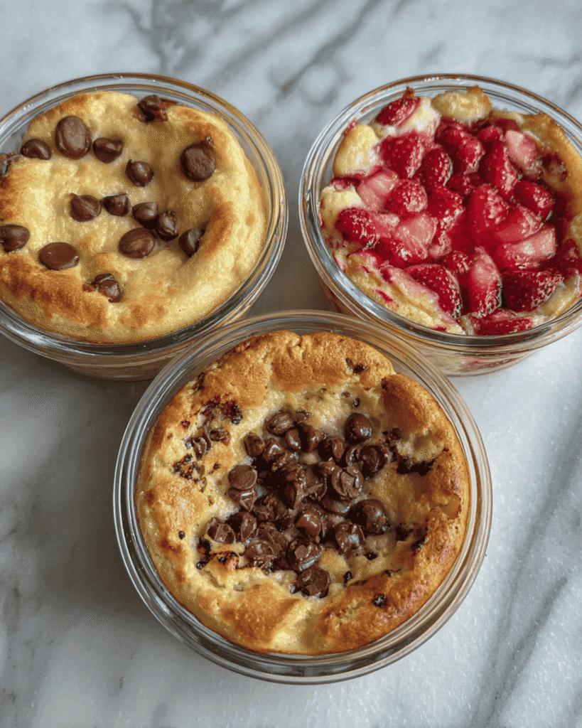 Three baked protein pancake bowls in glass ramekins with chocolate chip and strawberry variations on marble surface.