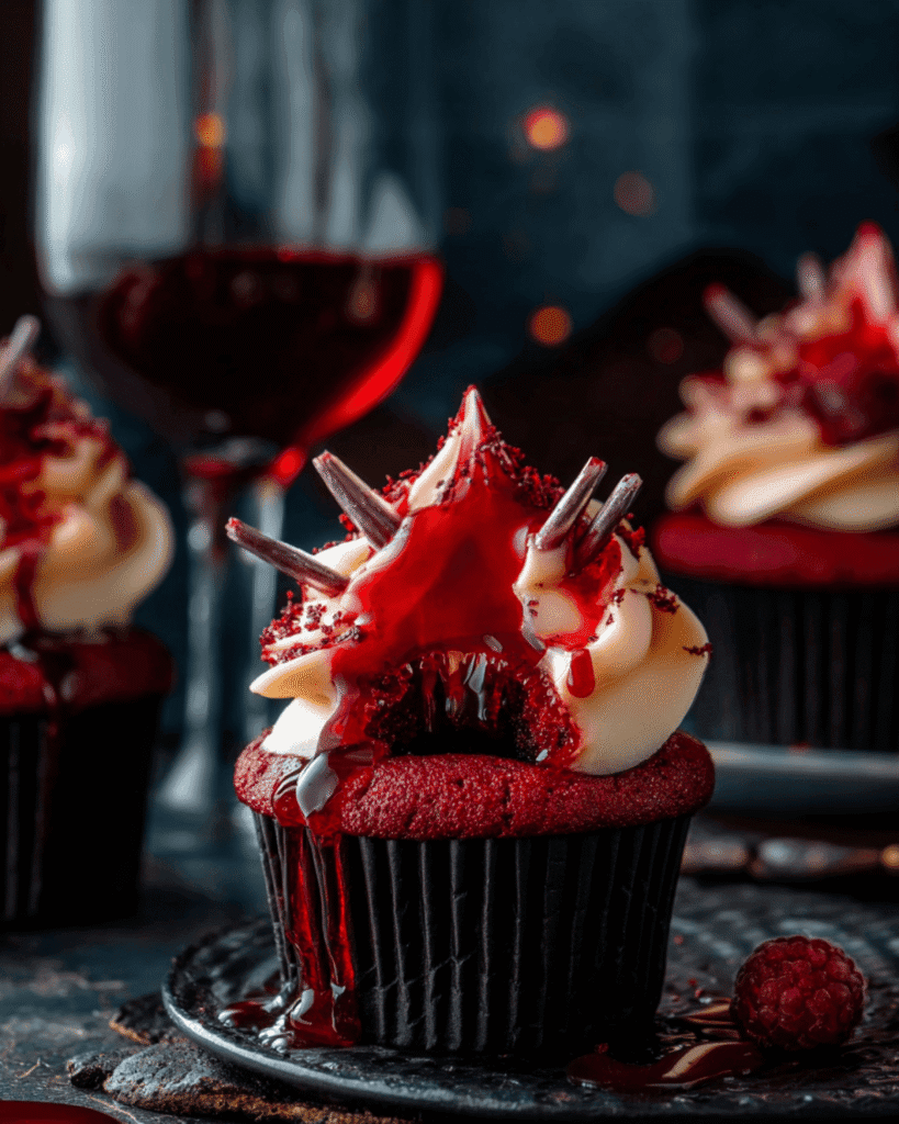 Vampire bite red velvet cupcake with creamy frosting, dripping bloody filling, and chocolate shard decorations for Halloween.
