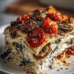 Vegetarian Loaded White Lasagna layered with spinach, mushrooms, creamy ricotta, and golden roasted cherry tomatoes.