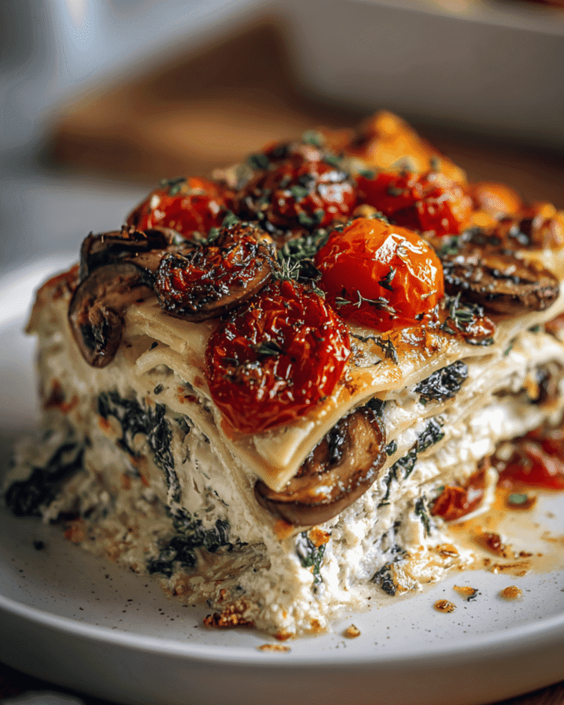 Vegetarian Loaded White Lasagna layered with spinach, mushrooms, creamy ricotta, and golden roasted cherry tomatoes.