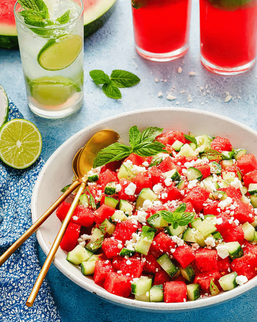 Fresh watermelon cucumber salad with feta and mint served in a white bowl, garnished with herbs, and paired with summer drinks