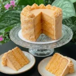 A single slice of soft orange velvet cake with creamy frosting served on a ceramic plate near a window