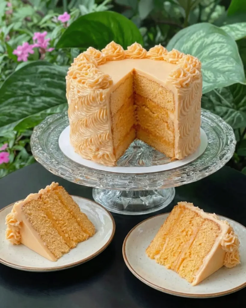 A single slice of soft orange velvet cake with creamy frosting served on a ceramic plate near a window