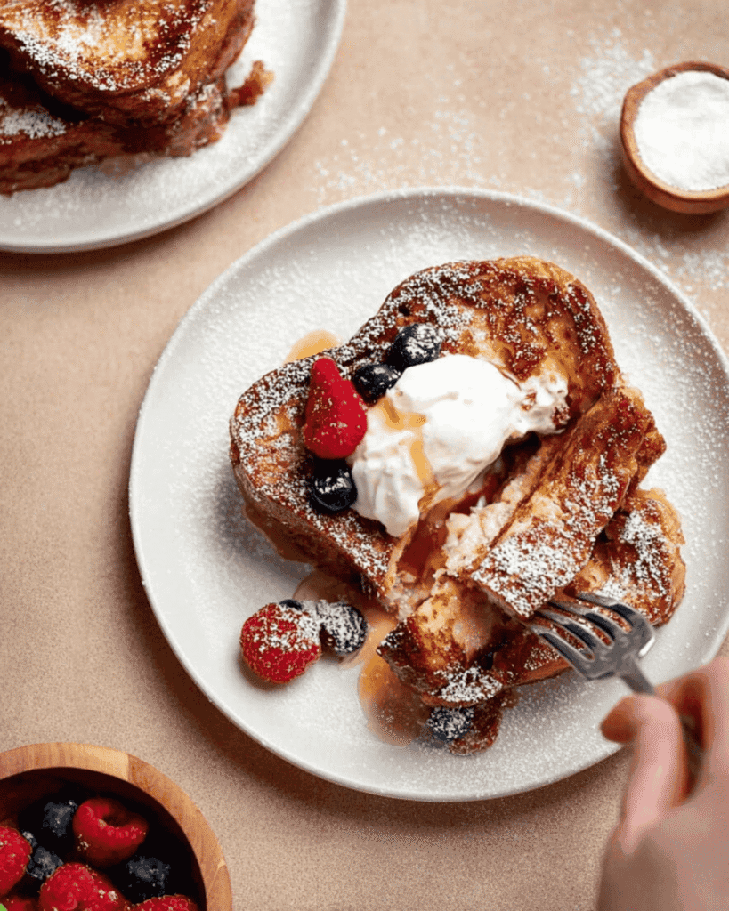 Healthy anabolic French toast with whipped cream, blueberries, raspberries, and syrup dusted with powdered sugar