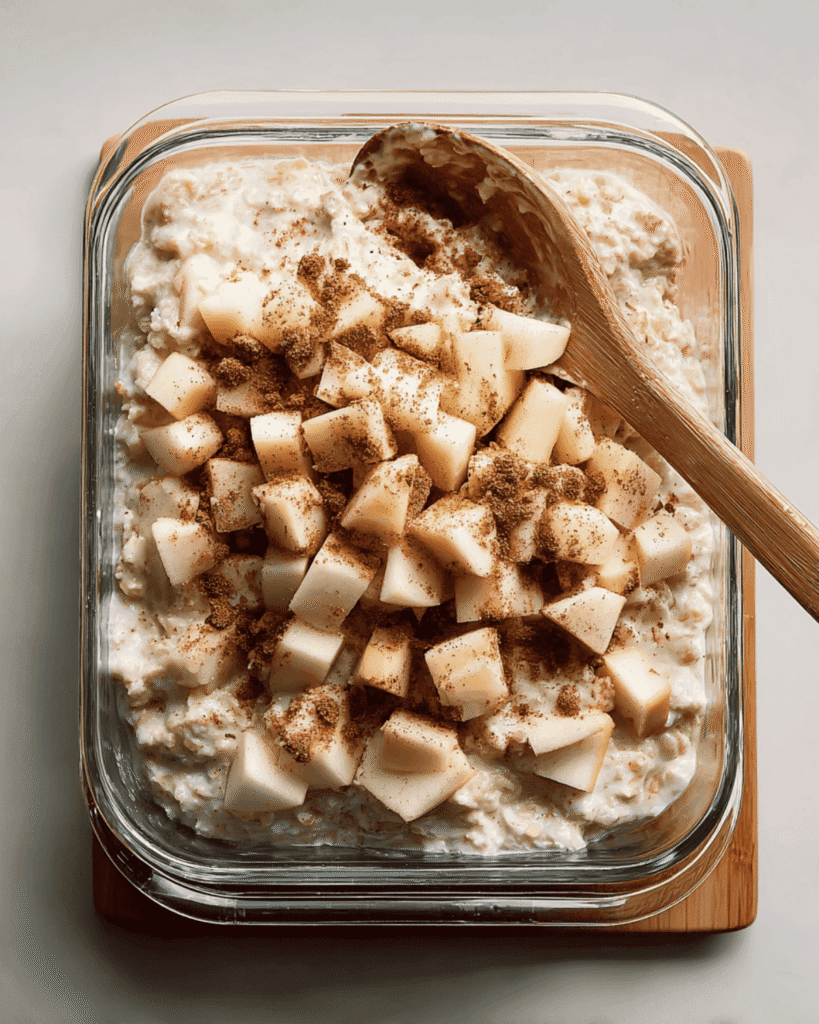 Glass baking dish filled with cottage cheese mixture topped with diced apples and cinnamon before baking.