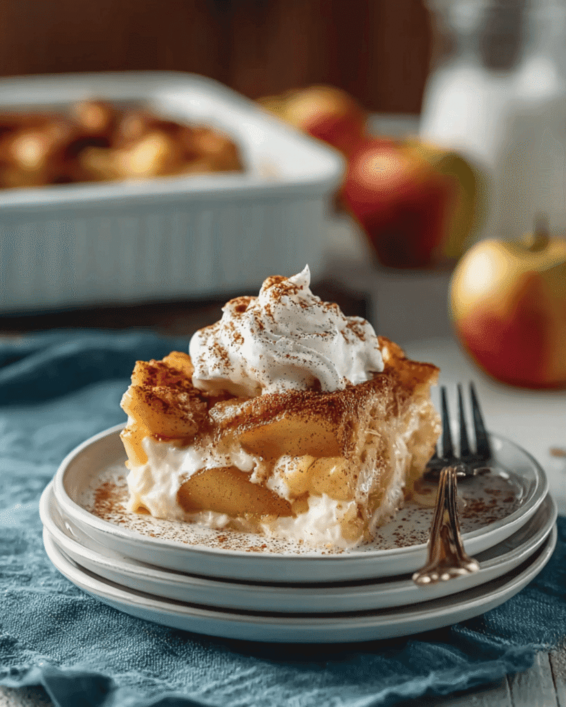 Slice of high-protein apple cinnamon cottage cheese bake topped with whipped cream and cinnamon on a white plate.