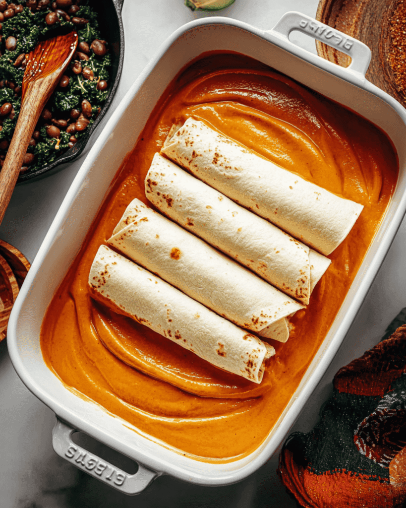 Rolled tortillas placed in a baking dish with creamy pumpkin enchilada sauce, skillet of black beans and kale beside