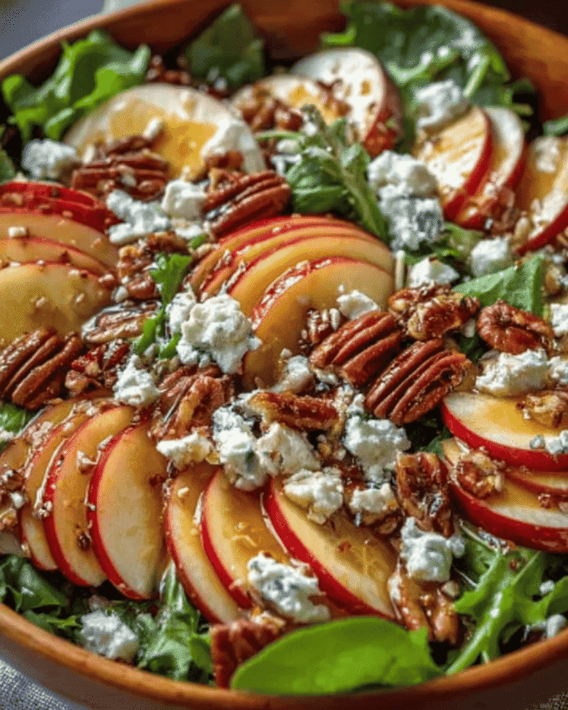 Autumn Harvest Honeycrisp Apple and Feta Salad with pecans, cranberries, and apple cider vinaigrette on fresh greens