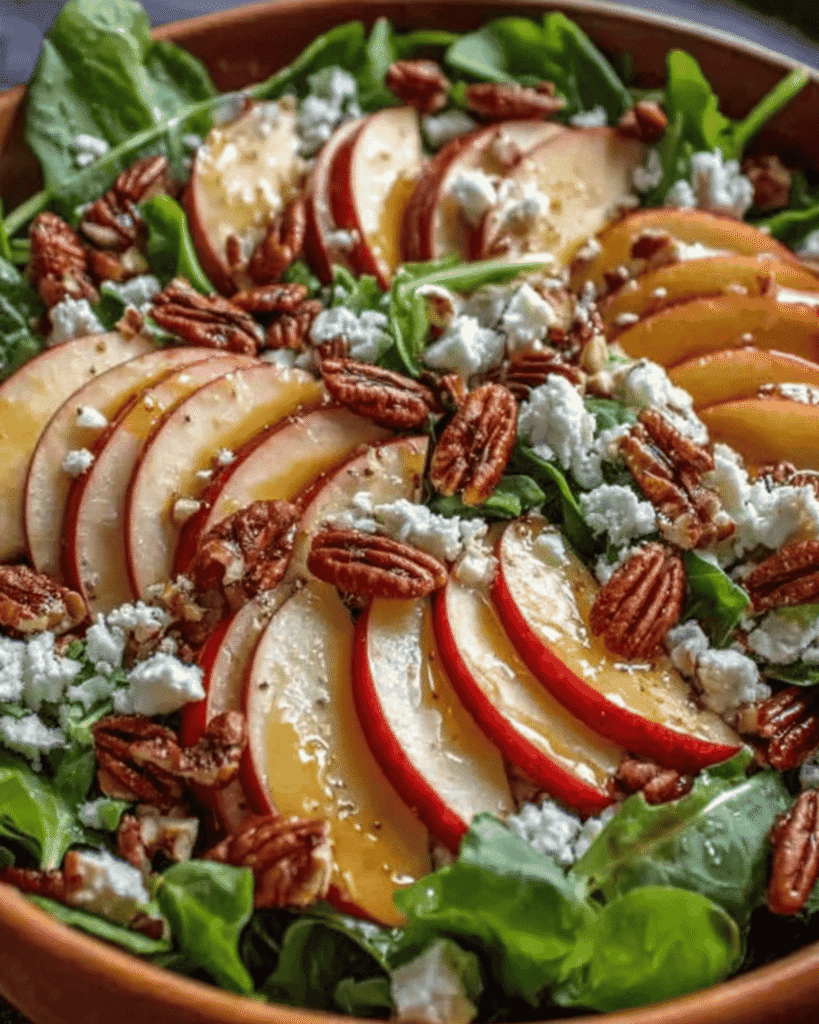 Mixed greens salad topped with Honeycrisp apples, pecans, and feta cheese drizzled with apple cider vinaigrette