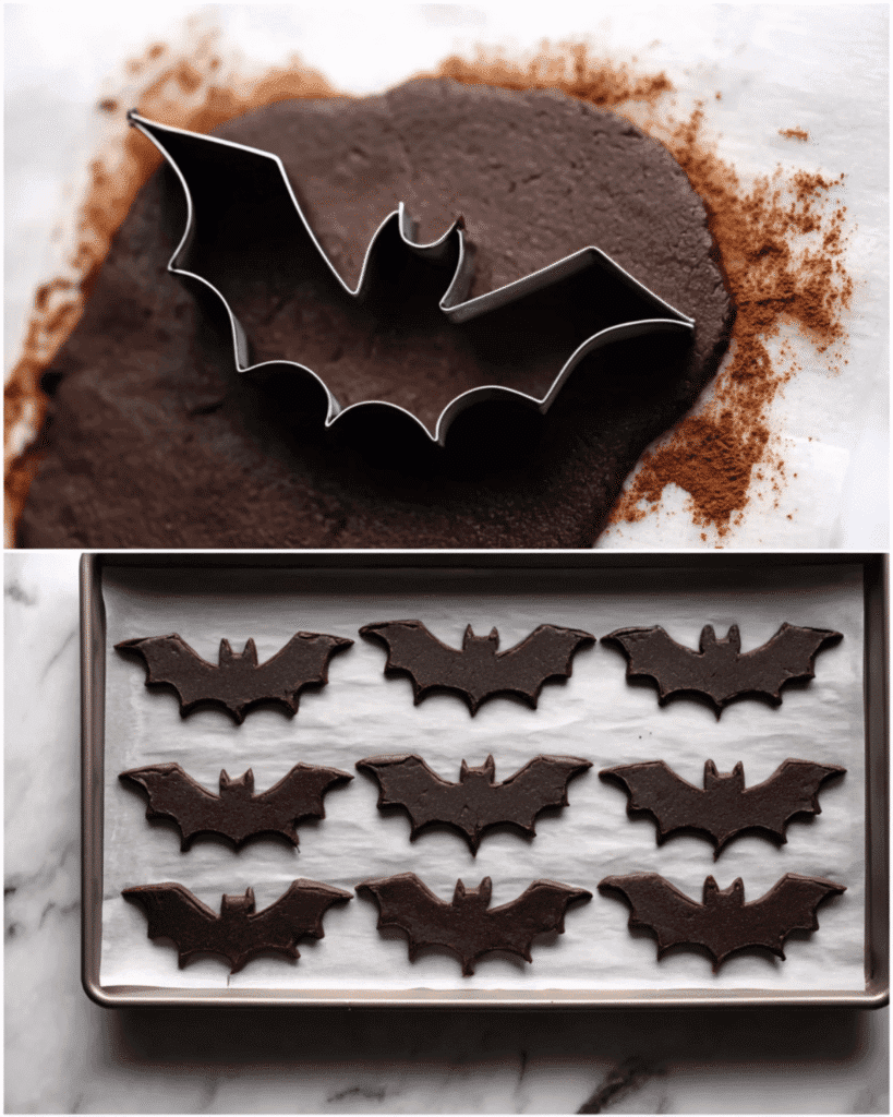 Bat-shaped cookie cutter pressing into dark cocoa dough with bat cookies on parchment-lined tray ready to bake.