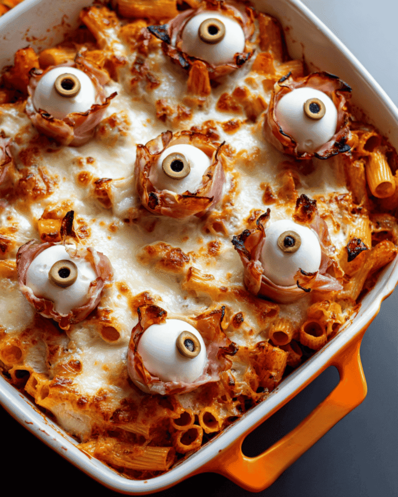 Spooky beefy baked ziti topped with mozzarella and olive eyeballs in an orange casserole dish for Halloween dinner.