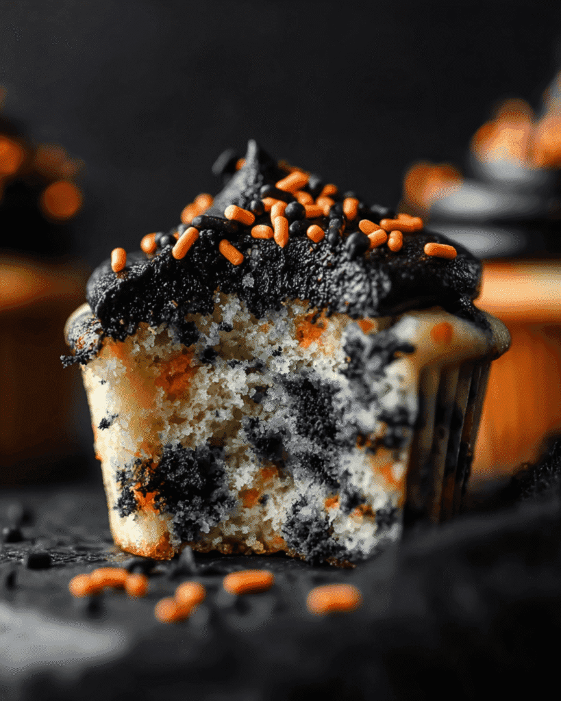 Bitten Halloween Funfetti Cupcake with black frosting and orange sprinkles