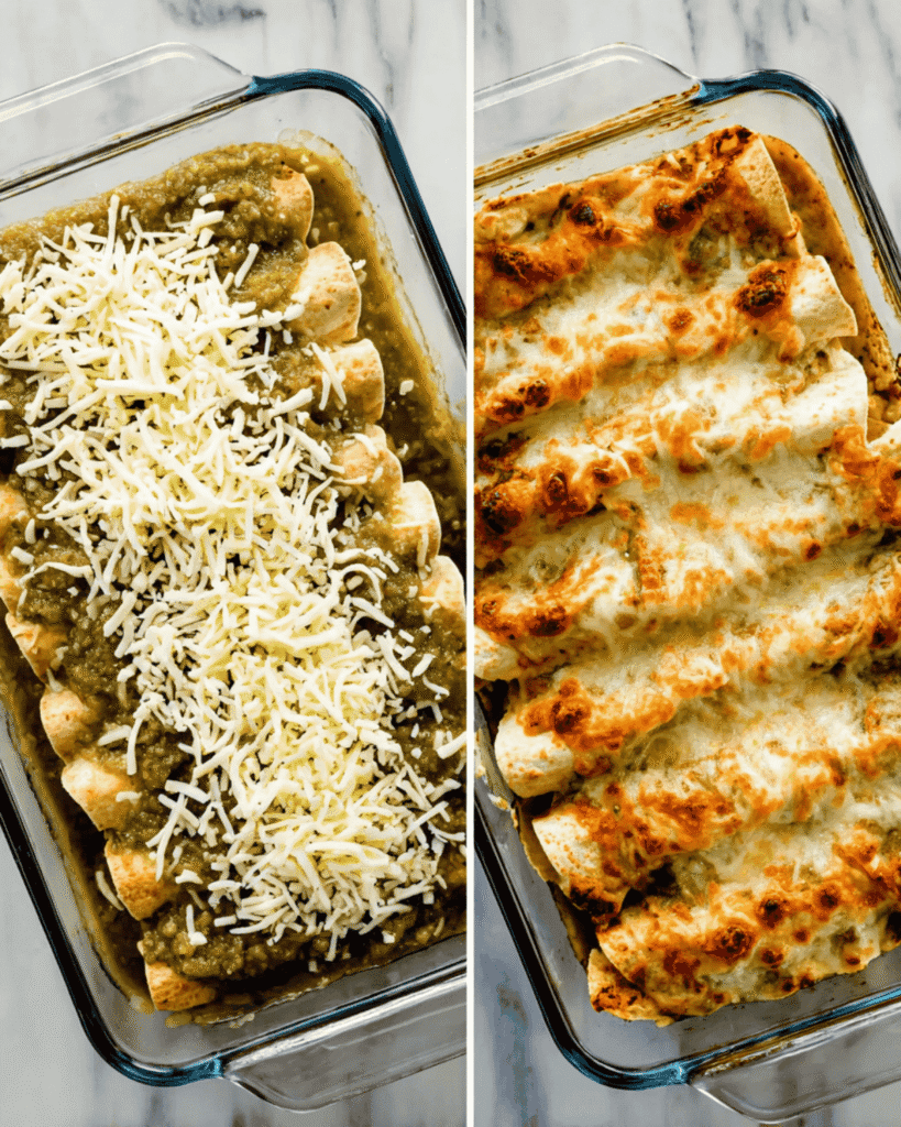 Vegetarian Black Bean Sweet Potato Enchiladas before and after baking with cheese and salsa verde