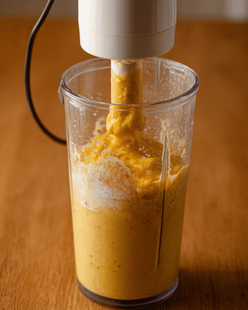 Roasted pumpkin sauce blended smooth with immersion blender in clear cup