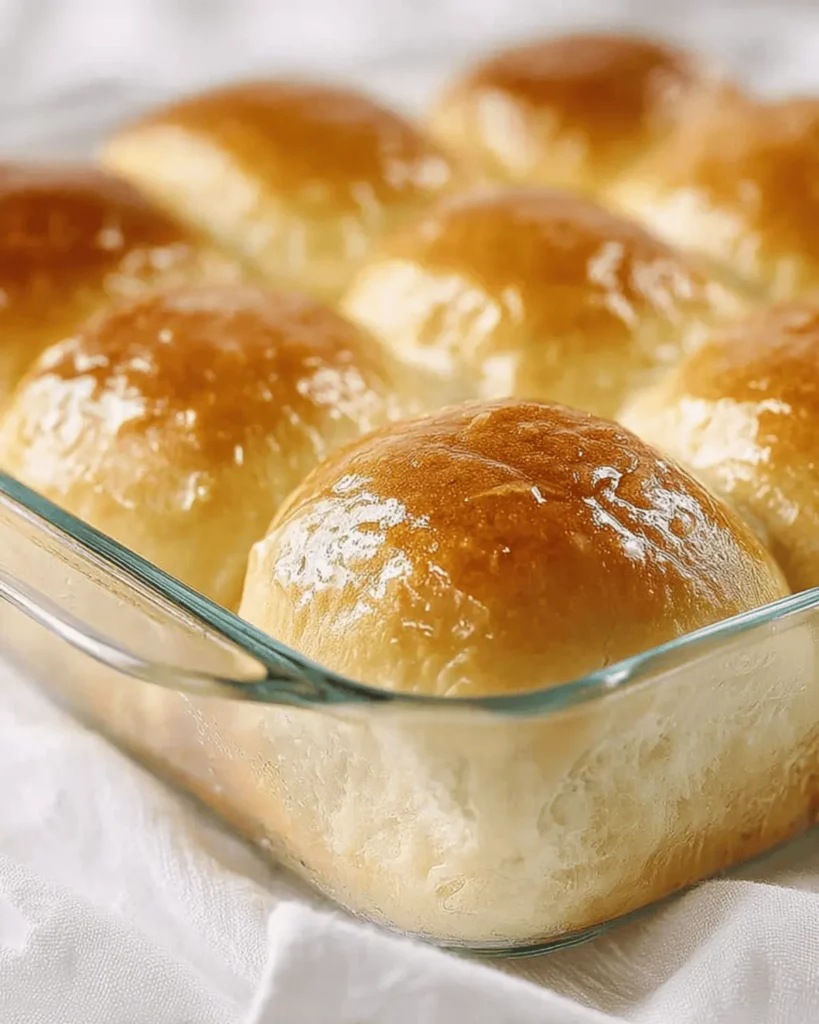 Shiny golden Texas Roadhouse Rolls in a glass dish with buttery glaze