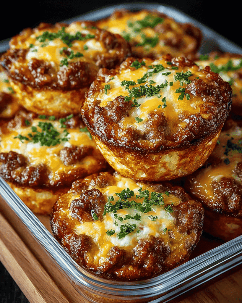 Close-up of cheesy sausage and pancake muffin cups garnished with fresh parsley in a glass container.