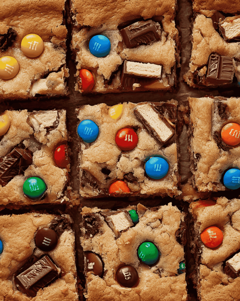 Top-down view of chewy blondie bars filled with M&M’s and chopped candy bars.