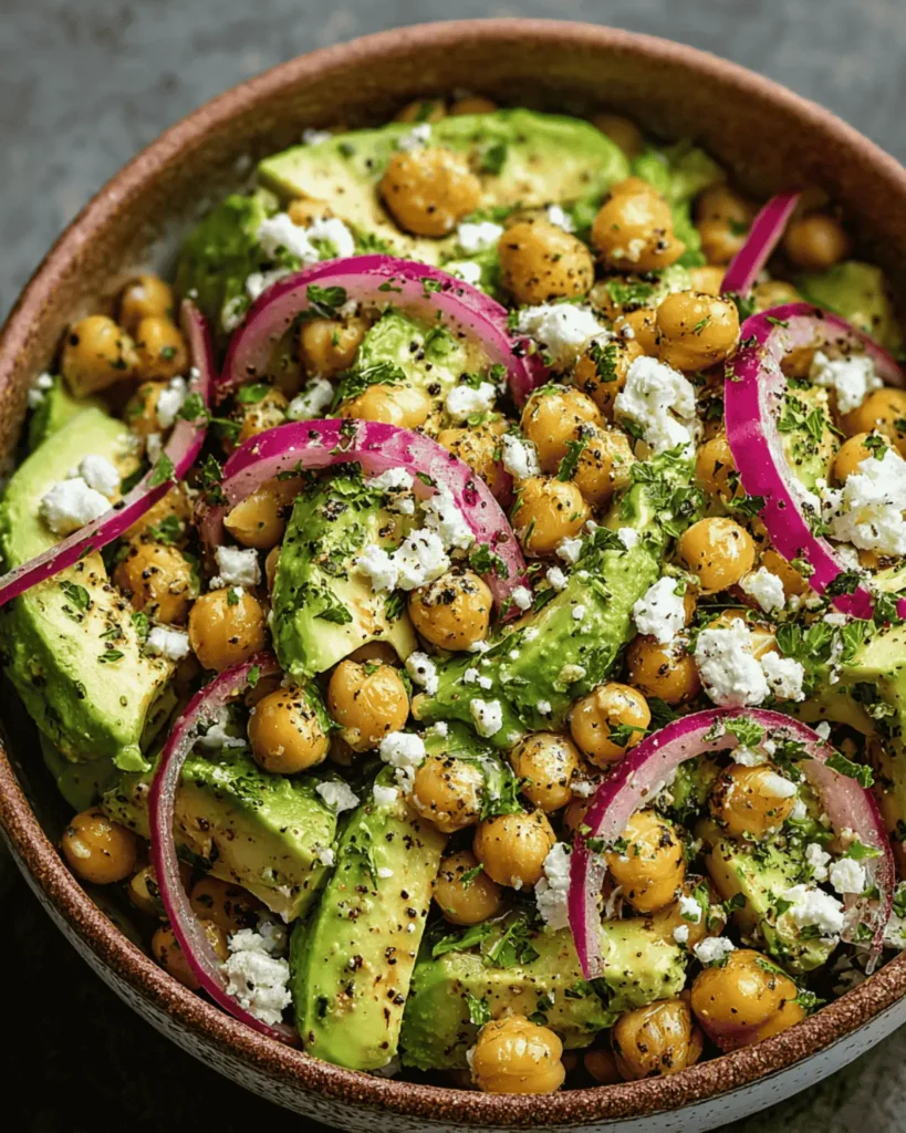 Fresh chickpea feta avocado salad with red onions, parsley, and lemon herb dressing in a rustic bowl