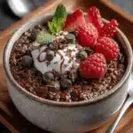 Chocolate oats topped with whipped cream, chocolate chips, raspberries, and strawberries in a rustic bowl