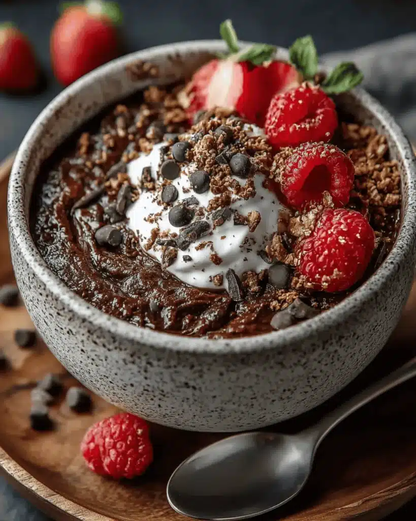 Chocolate protein baked oats topped with raspberries, strawberries, chocolate chips, and whipped cream in a ceramic bowl