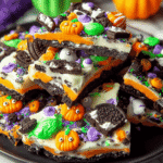Close-up of Halloween Oreo bark with orange Oreo filling, candy pumpkins, sprinkles, and white chocolate drizzle.