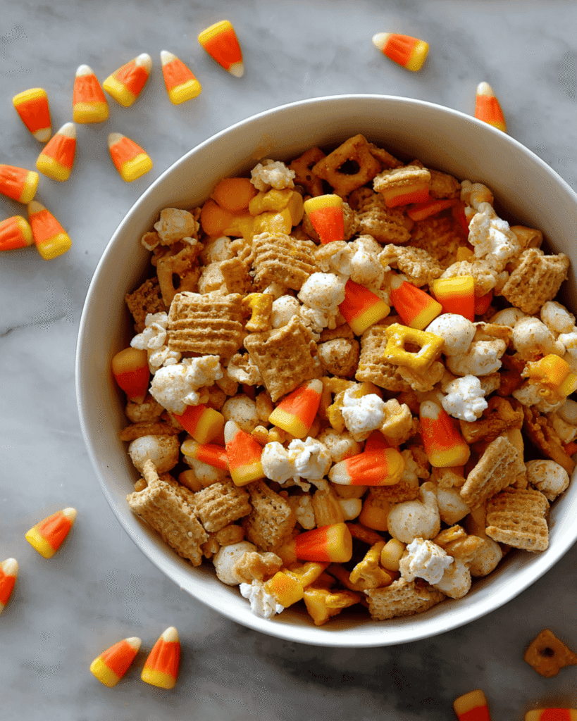 Close-up of Halloween Witches Brew Snack Mix with candy corn, popcorn, and crunchy cereal pieces