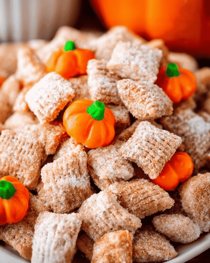 Close-up of pumpkin spice puppy chow cereal coated in powdered sugar with mellowcreme pumpkins