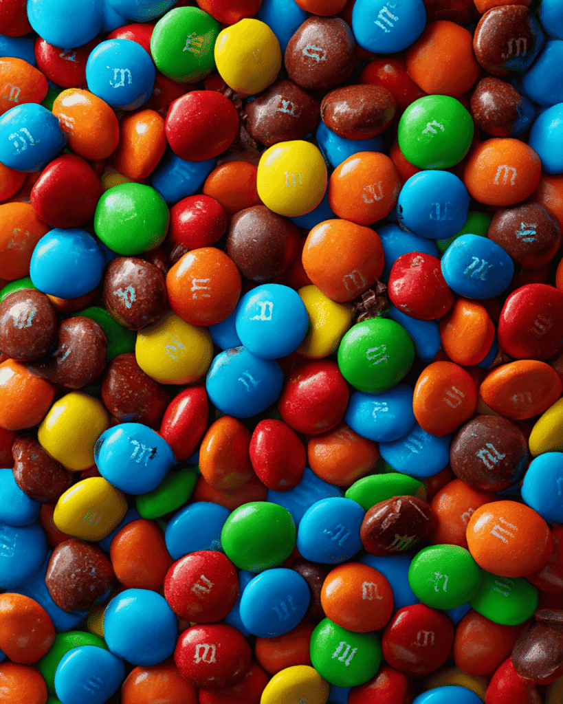 Close-up of colorful candy-coated chocolates scattered for baking Candy Bar Blondies.