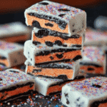 Stacked Halloween Oreo Bark squares with orange filling and colorful sprinkles.