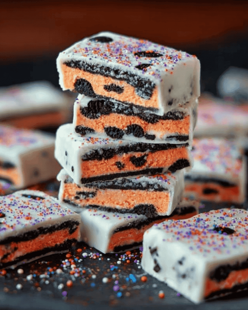 Stacked Halloween Oreo Bark squares with orange filling and colorful sprinkles.