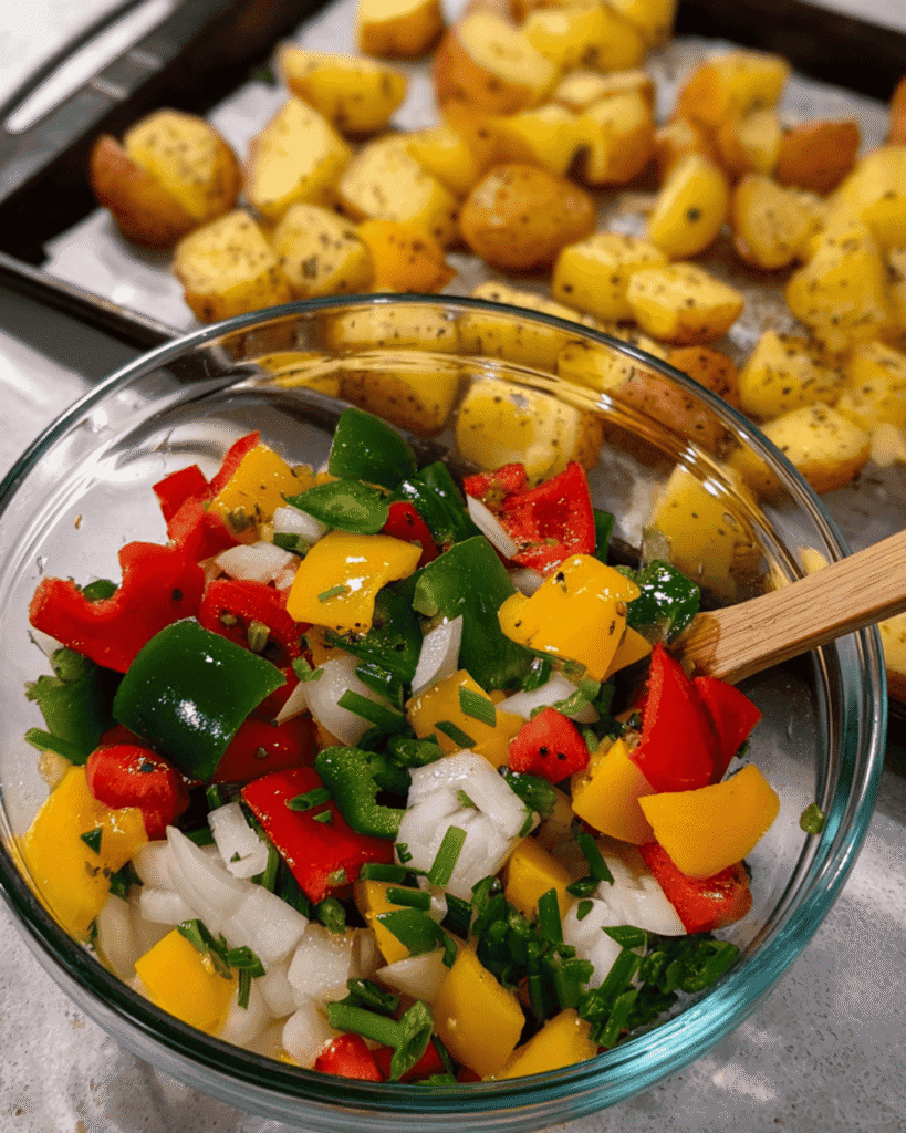 Freshly chopped peppers and onions in a bowl with roasted potatoes on baking sheet behind