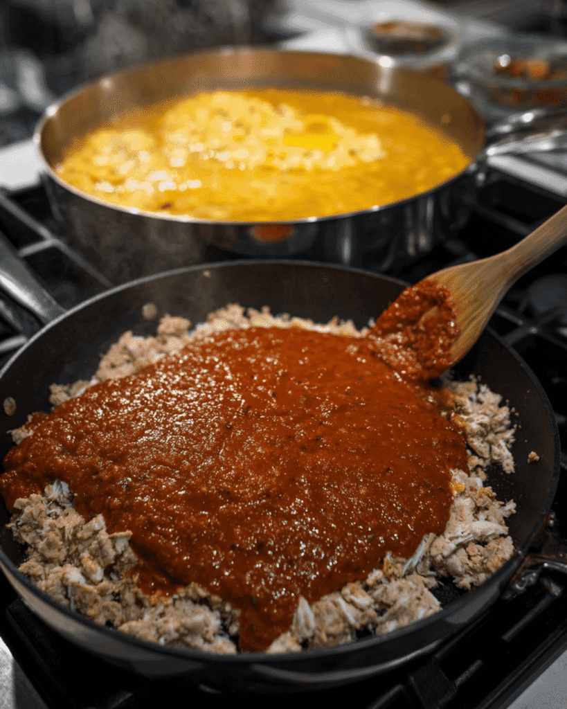 Ground chicken simmering with red sauce in skillet, scrambled eggs cooking in background pan