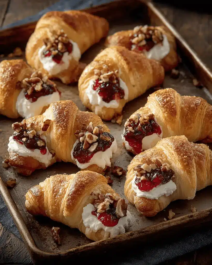 Golden crescent rolls filled with cream cheese and topped with cranberry sauce and pecans on a rustic baking tray.
