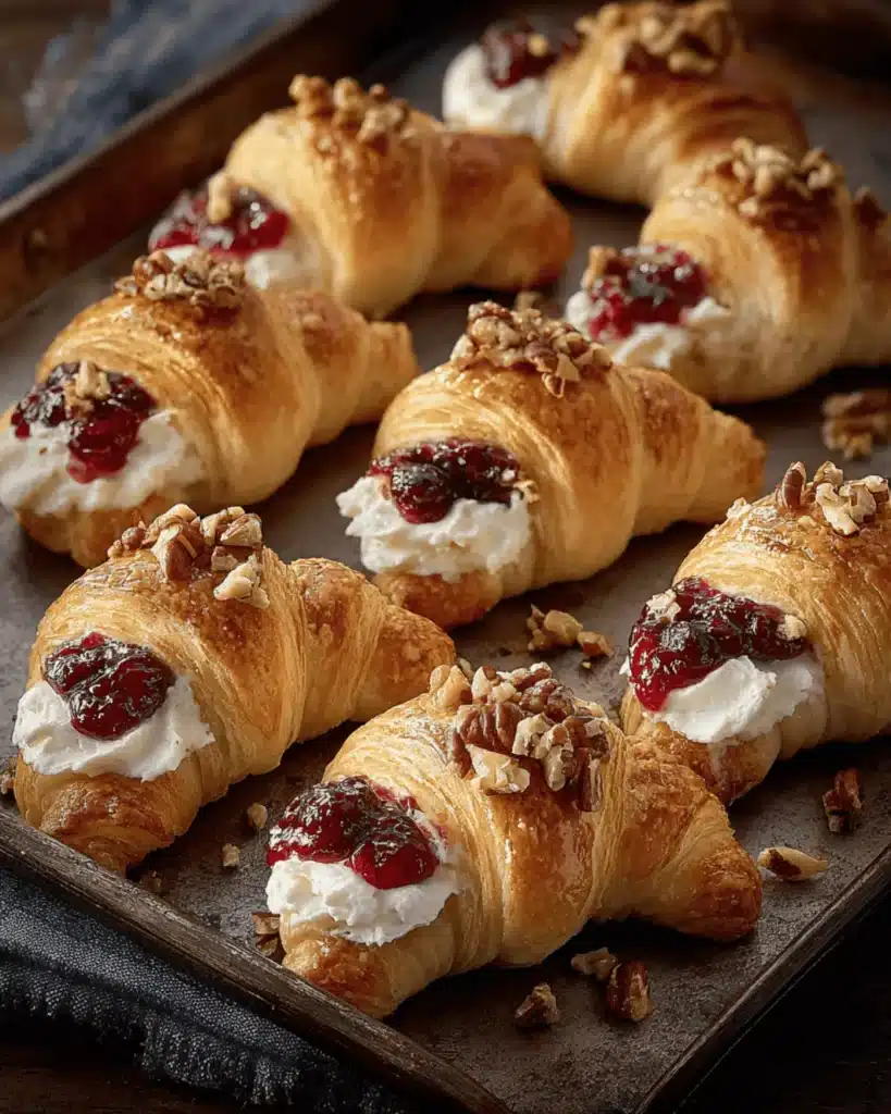 Holiday cranberry and cream cheese crescent rolls arranged on a baking tray with pecans.