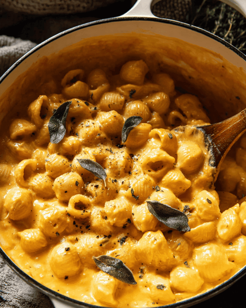 White pot filled with pumpkin mac and cheese, sage leaves, and creamy pasta shells