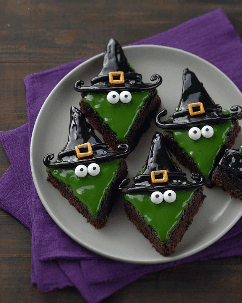 Decorated Halloween brownies shaped like witches with shiny black icing hats, golden buckles, and green icing faces.