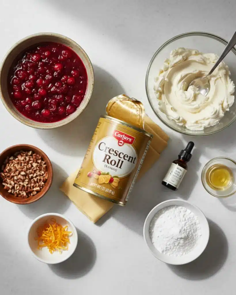 Overhead view of crescent roll cranberry cream cheese dessert ingredients on light countertop