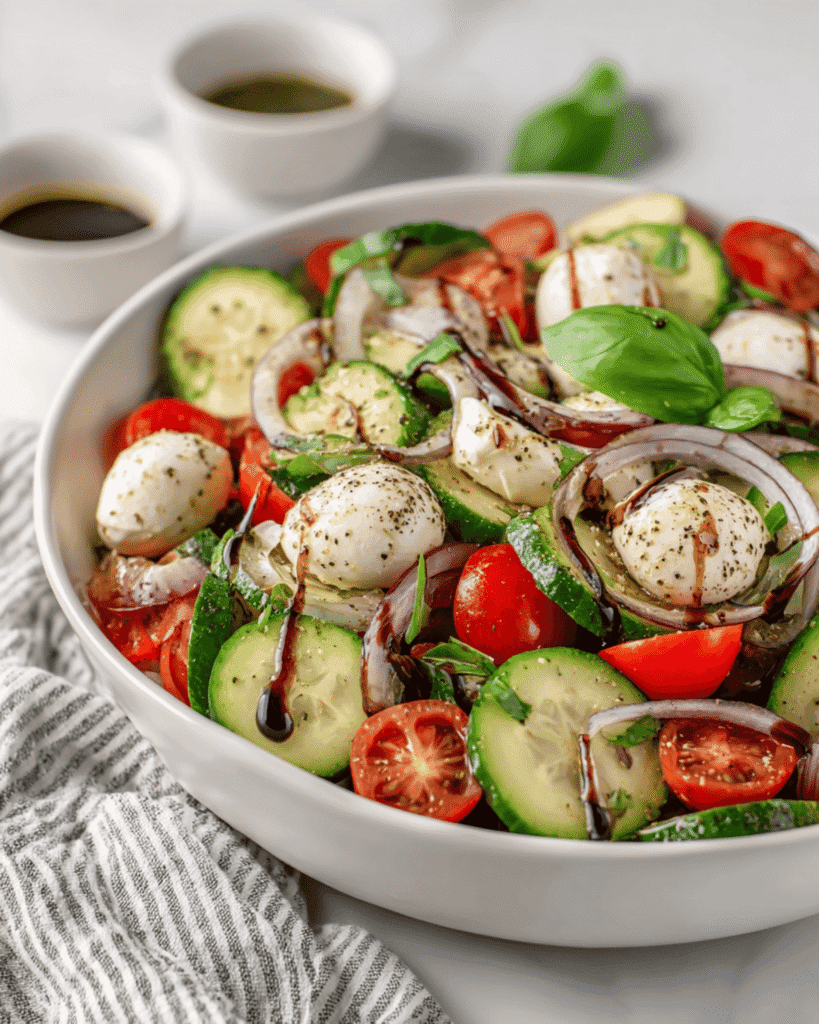 Fresh cucumber caprese salad with mozzarella, tomatoes, cucumber, red onion, and basil drizzled with balsamic in a white bowl.