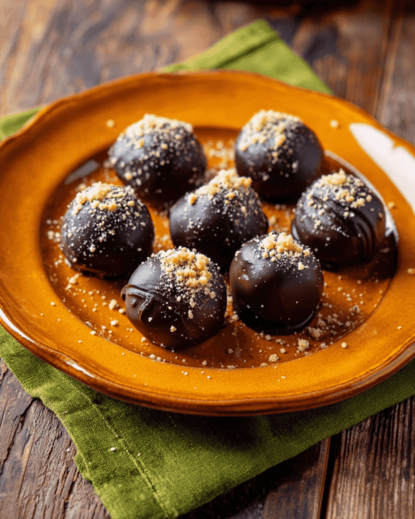 Dark chocolate pumpkin spice truffles sprinkled with graham cracker crumbs on a rustic orange plate.