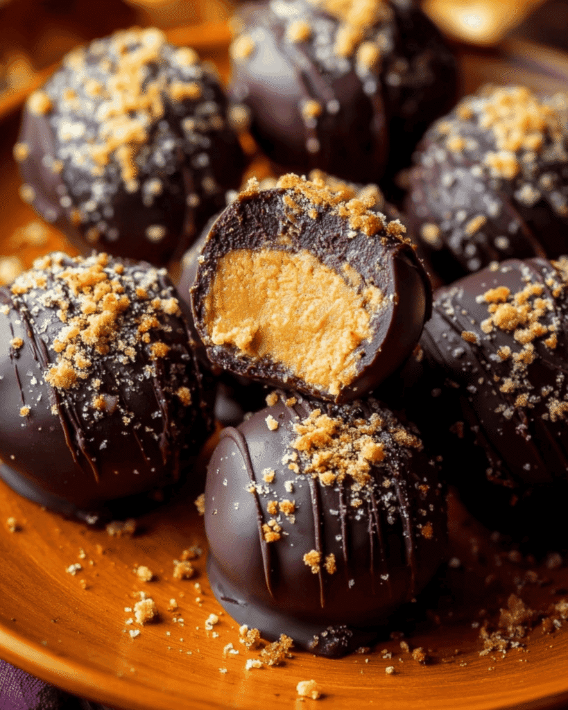 Close-up of pumpkin spice truffles coated in dark chocolate, one truffle sliced to reveal creamy pumpkin filling.
