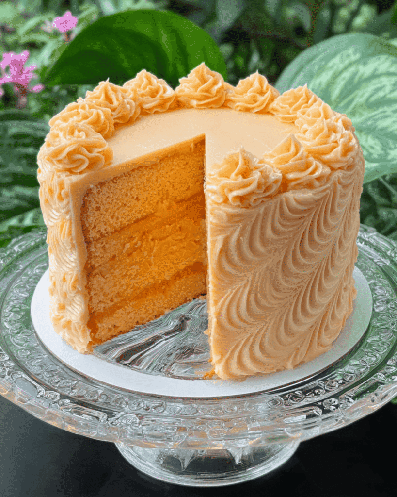 Decorated Orange Velvet Cake with piped rosettes and slice cut to reveal moist layers